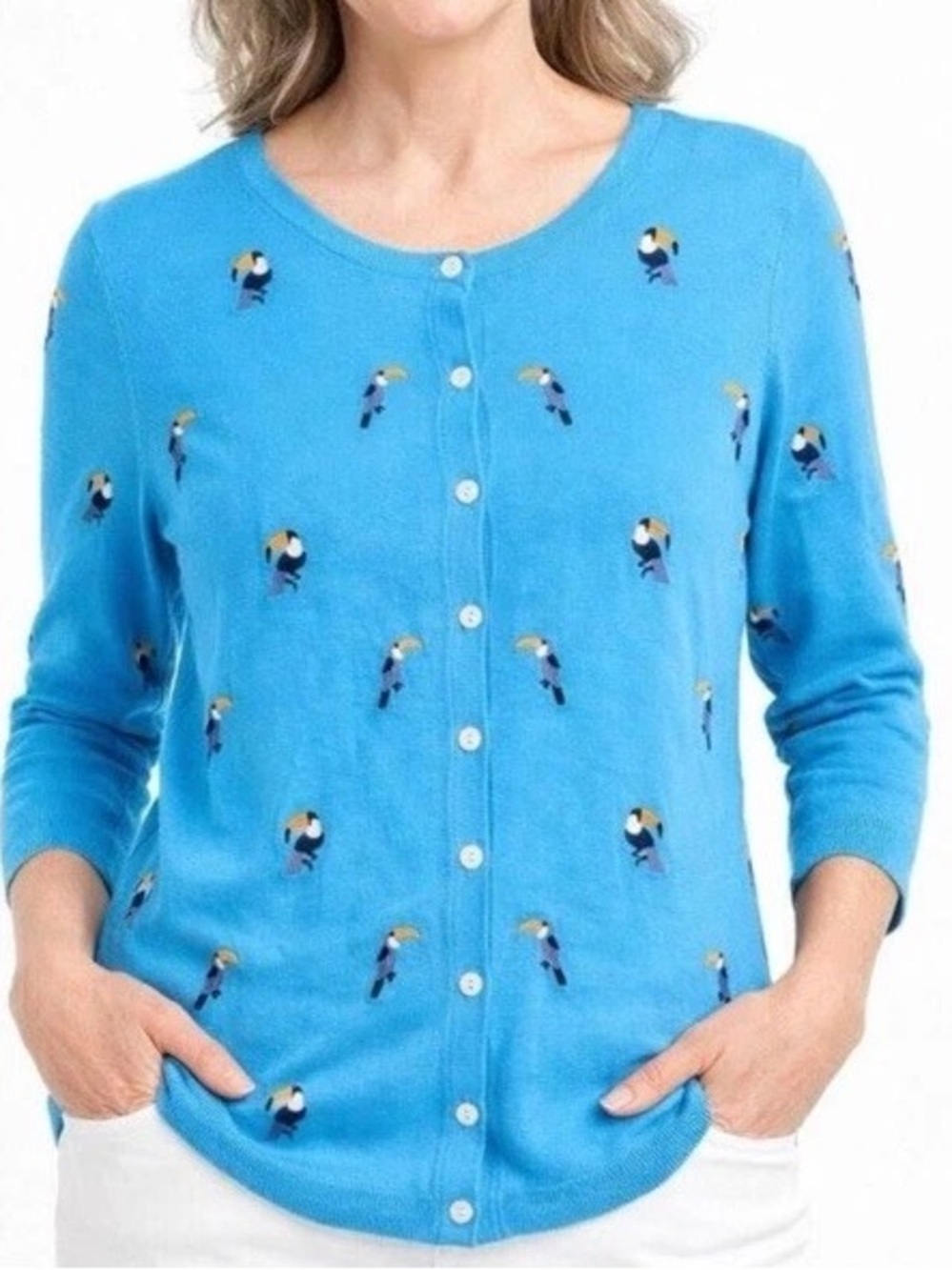 Talbots Marine Blue Toucan Embroidered Button Cardigan